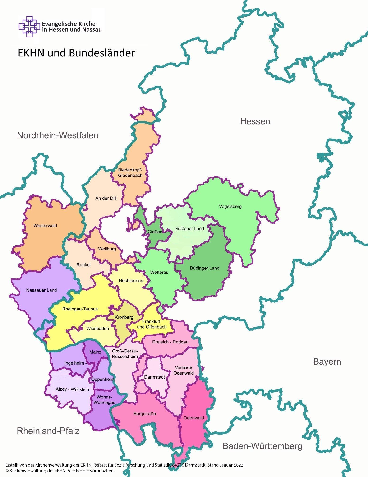 Bundesländer Hessen und Rheinland-Pfalz mit den Dekanaten in Hessen-Nassau