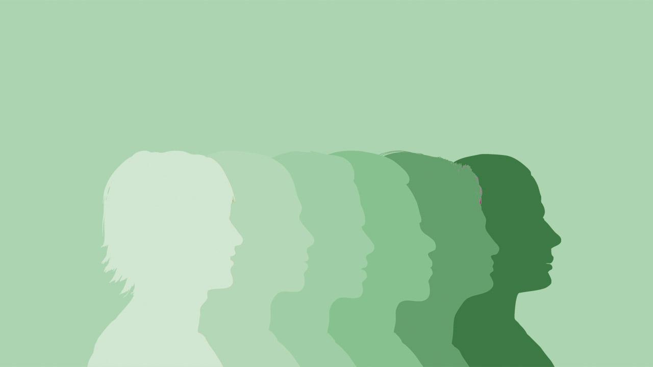 Grafik mit Gesichtern im Profil, in grünen Schattierungen