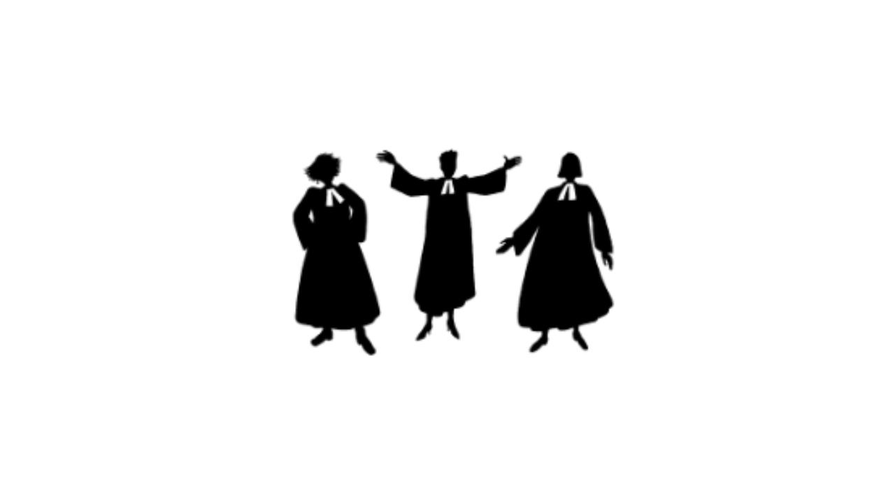 Zeichnung von drei tanzenden Pfarrerinnen im Altar in schwarz weiß