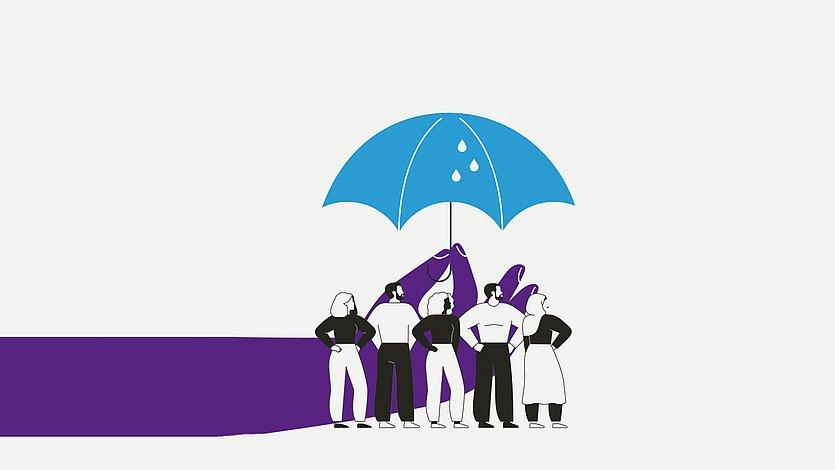 Hilfe der Regionalen Diakonie, Spenden Blauer Regenschirm, der über einige Menschen gespannt ist