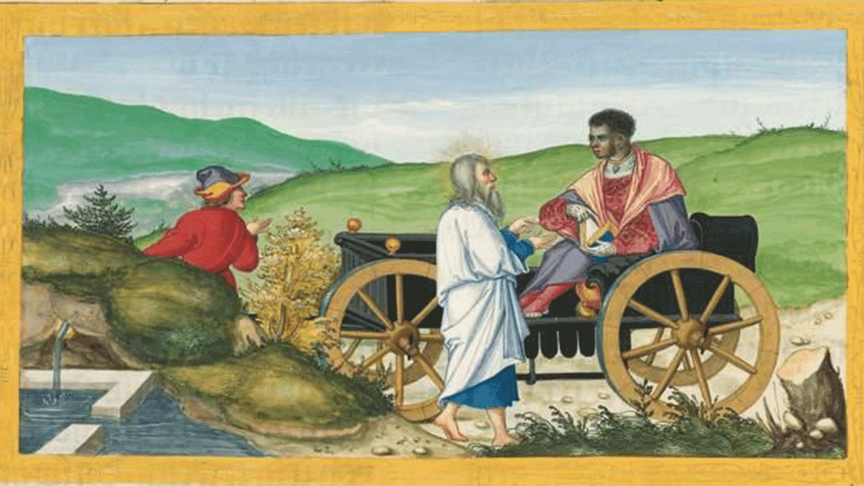 Ein Gemälde beschreibt die Apostelgeschichte von Philippus und dem Kämmerer.