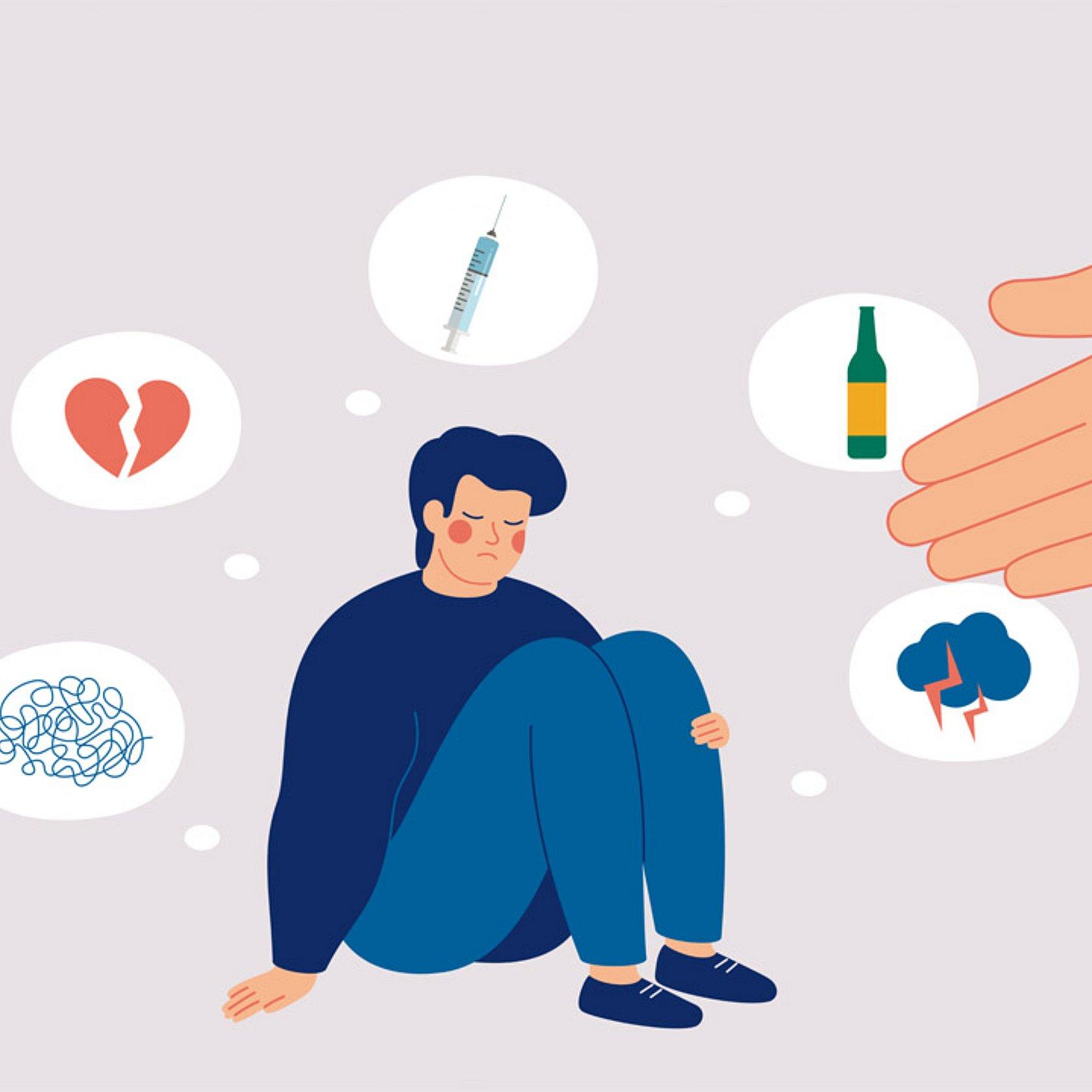 Grafik: Mann sitzt, um ihn herum Gedankenblasen mit zerbrochenem Herz, Spritze, Alkoholflasche, einer Gewitterwolke und einem verwirrenden Faden-Knäul