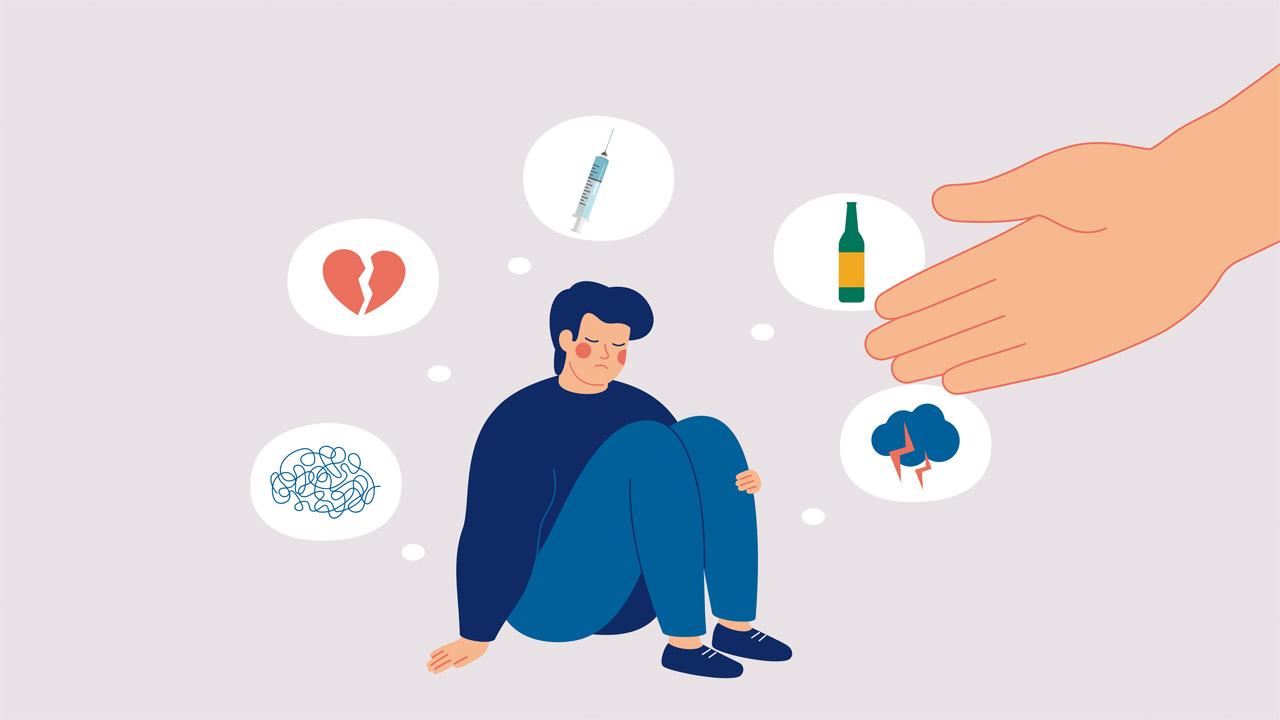 Grafik: Mann sitzt, um ihn herum Gedankenblasen mit zerbrochenem Herz, Spritze, Alkoholflasche, einer Gewitterwolke und einem verwirrenden Faden-Knäul