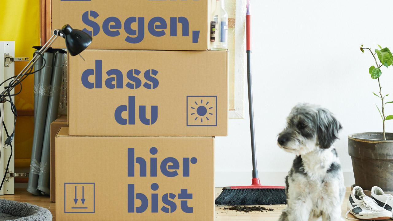 Umzugskartons mit Aufschrift: Ein Segen, dass du hier bist