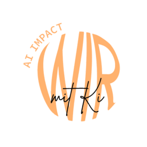 Logo des Projektes: kreisförmiger Schriftzug in Orange und Schwarz "AI Impact - Wir mit KI" -