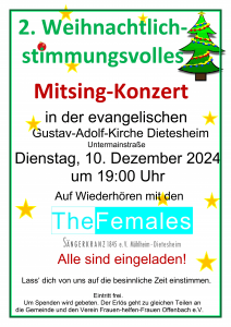 Weihnachtlich-stimmungsvolles Mitsingkonzert in der Gustav-Adolf-Kirche am 10.12.24 um 19 Uhr mit den "TheFemales"