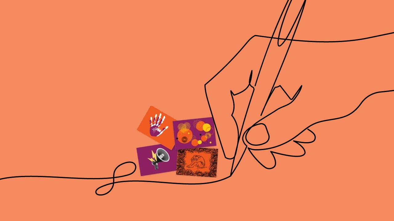 Line-Zeichnung einer schreibenden Hand und Postkarten