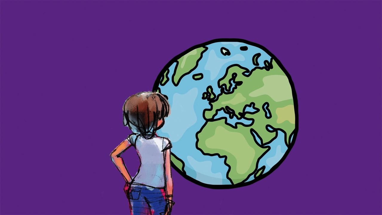Kind vor dem Planeten Erde