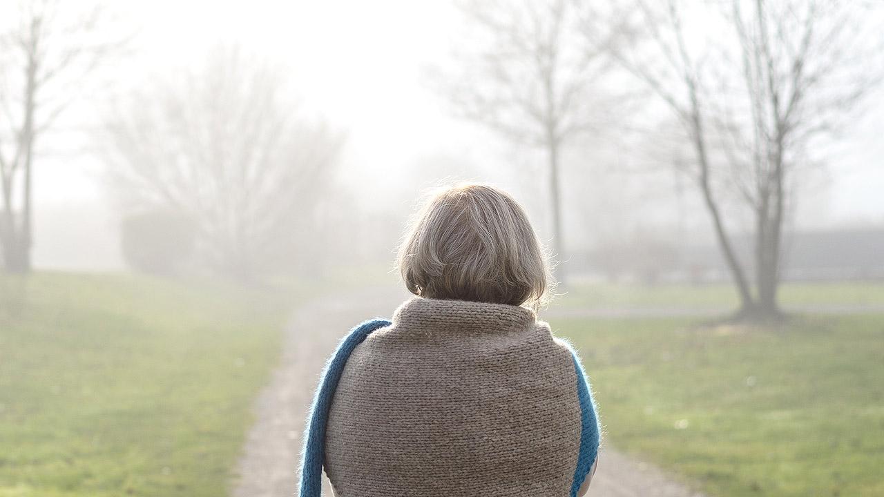 Seniorin Eine ältere Dame geht spazieren, vor ihr ragen Bäume aus dem Nebel