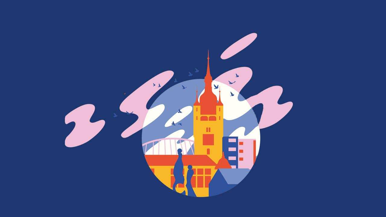 Grafik mit Kirchturm und Häusern