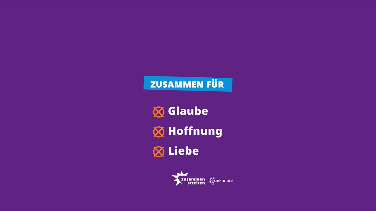 Plakatmotiv mit Kreuzen vor den Begriffen: Glaube, Liebe, Hoffnung