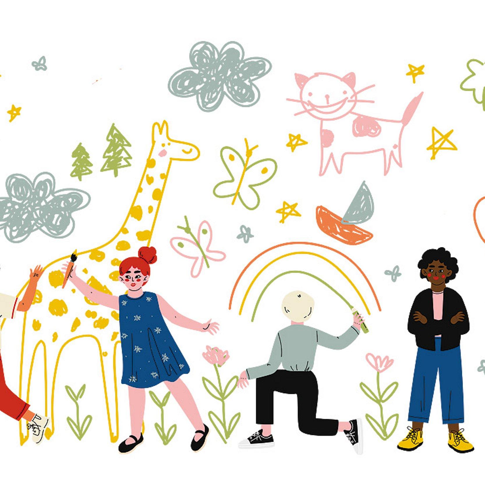 Kindheit Buntes gezeichnetes Bild mit verschiedenen Kindern, Regenbogen, Schmetterlingen, etc