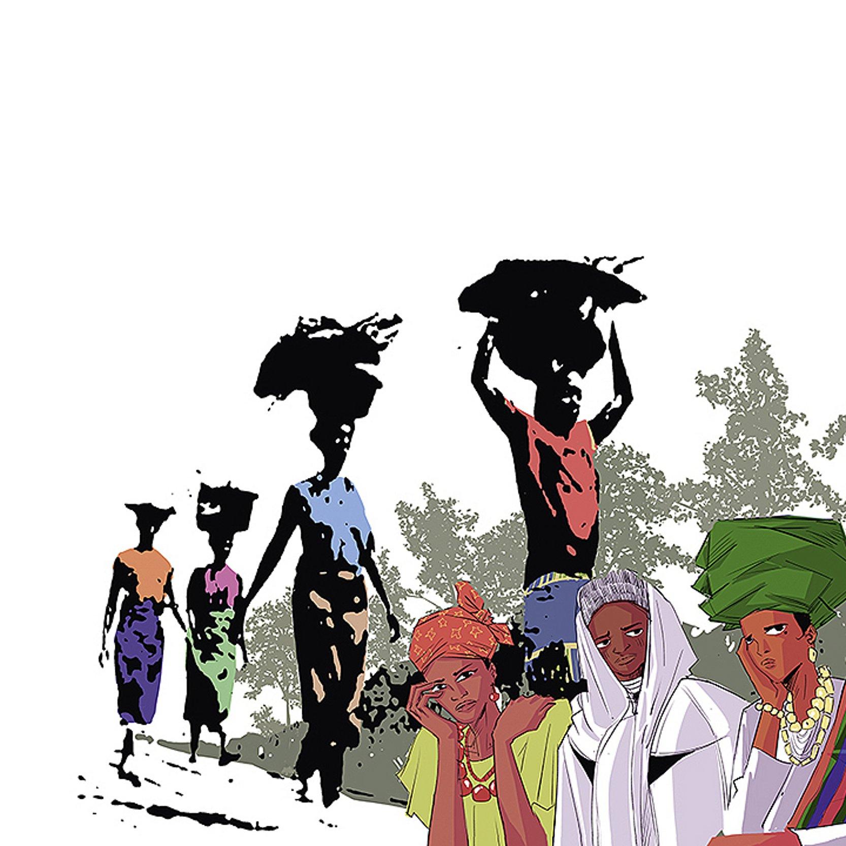 Weltgebetstag Im Hintergrund trage afrikanische Frauen Lasten auf dem Kopf, davor sitzen welche in bunten Gewändern und unterhalten sich