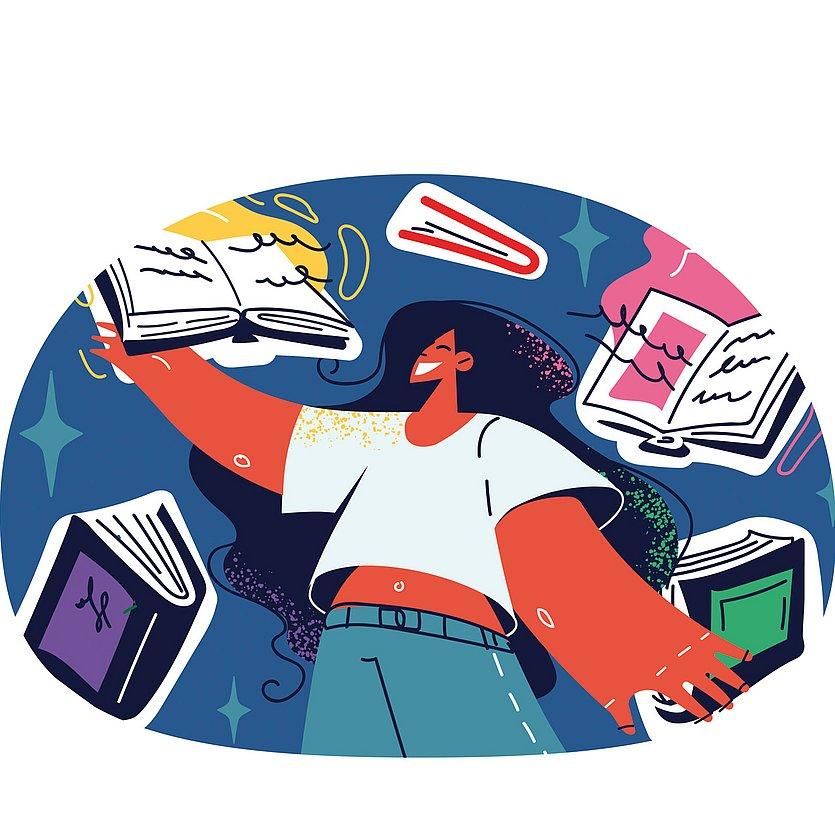 Schule Grafik mit einem Mädchen, das von Büchern umgeben ist