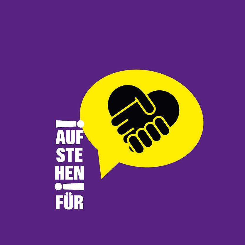 Aufstehen für Logo aus Worten: Aufstehen für! mit gelber Sprechblase, auf der ein Händedruck zu sehen ist