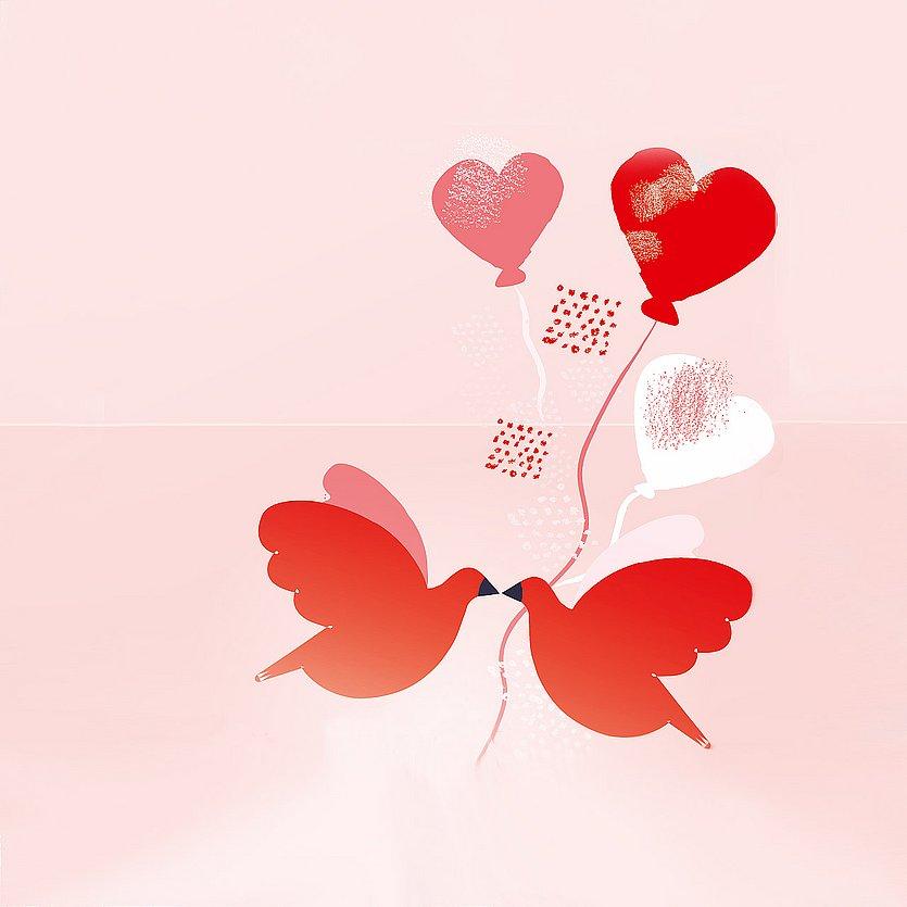 Hochzeit Grafik mit zwei turtelnden Tauben und Herz-Luftballons
