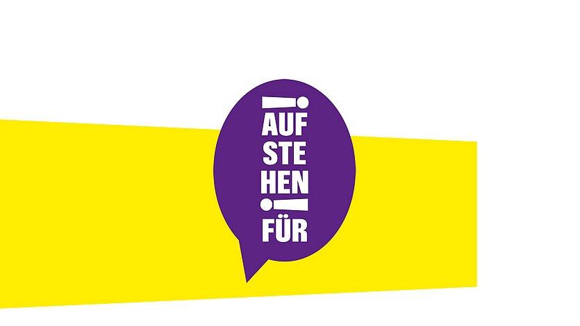 Aufstehen für Logo "Aufstehen für" in einer violetten Sprechblase