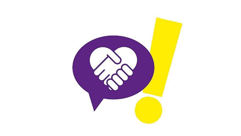 Aufstehen für Grafik mit lila, auf der ein Händedruck zu sehen ist, dazu ein Ausrufezeichen