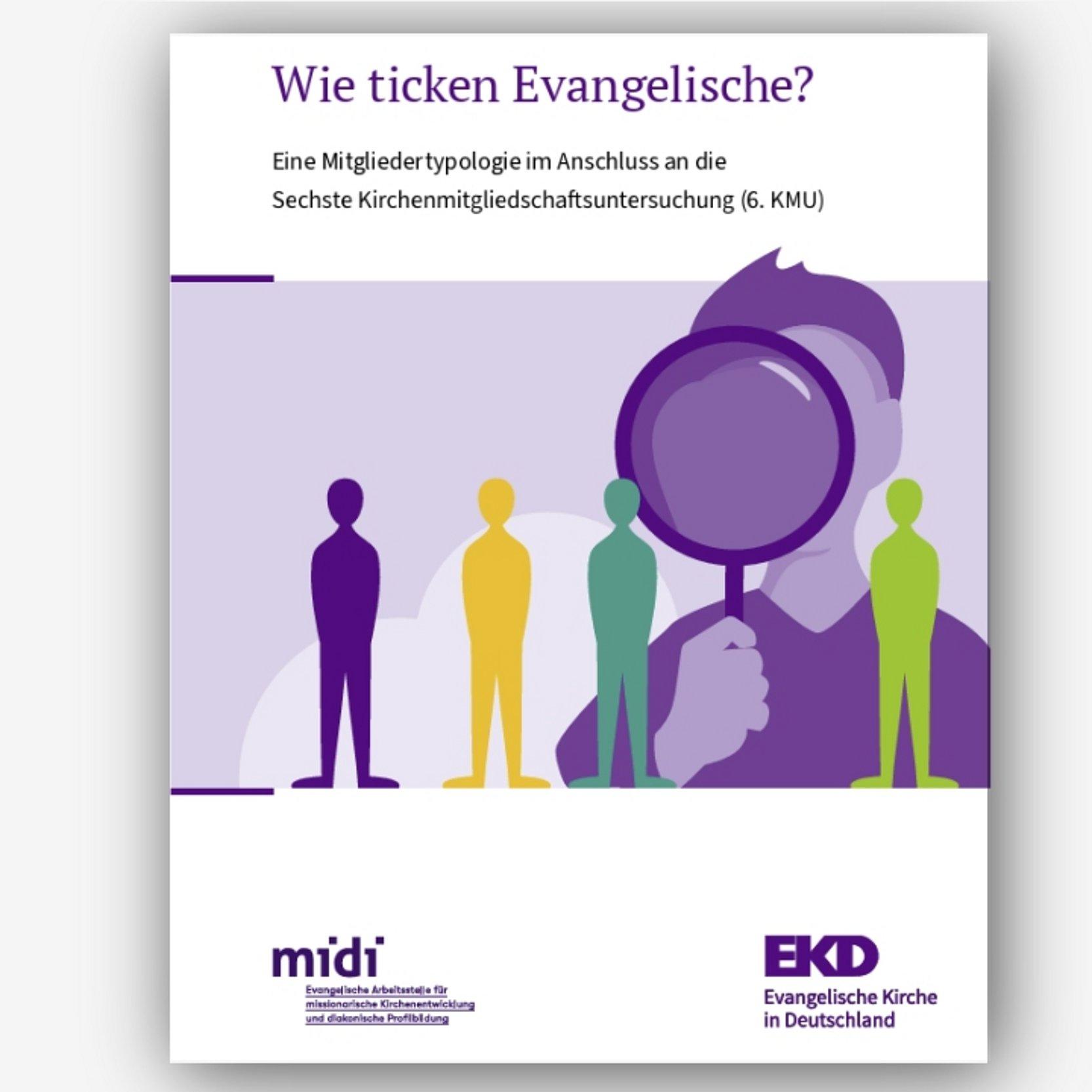 Cover Broschüre Mitgliedertypologie EKD 2025 Zeichnung verschiedenfarbige Personen, jemand schaut durch eine Lupe