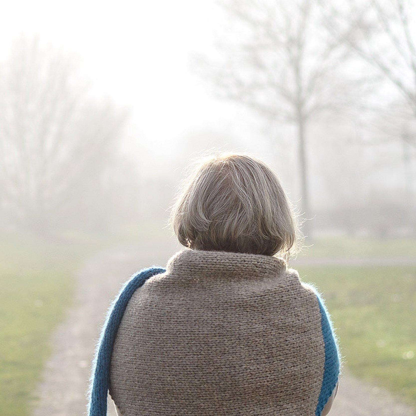 Seniorin Eine ältere Dame geht spazieren, vor ihr ragen Bäume aus dem Nebel