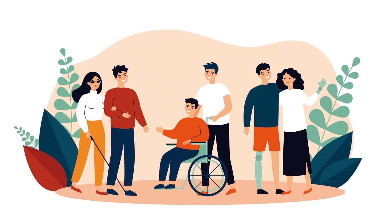 Grafik mit unterschiedlichen helfenden Tätigkeiten: Begleitung einer blinden Person, schieben eines Rollstuhls