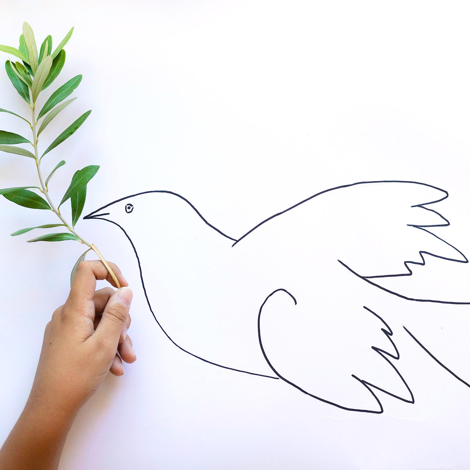 Hand hält Olivenbaumzweig vor gezeichnete Taube