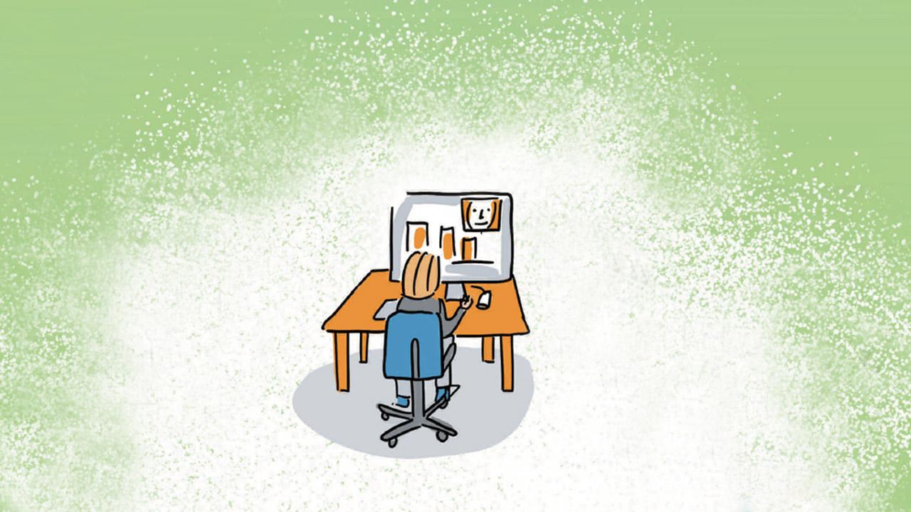 Grafik einer Frau, die am PC sitzt und ein Diagramm auf dem Monitor sieht