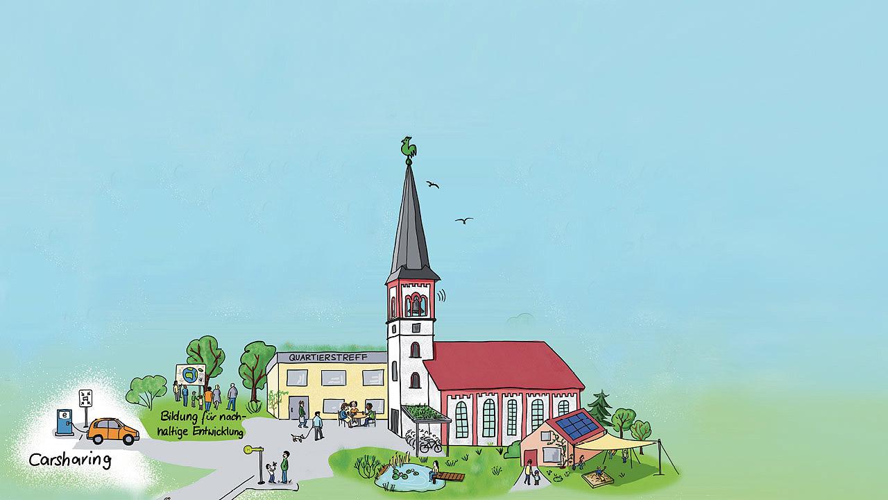 Zeichnung einer Kirche auf einer Wiese