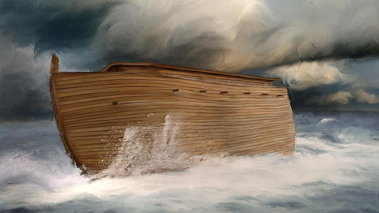 Sintflut und Arche Noah Ein dickes Schiff auf stürmischer See