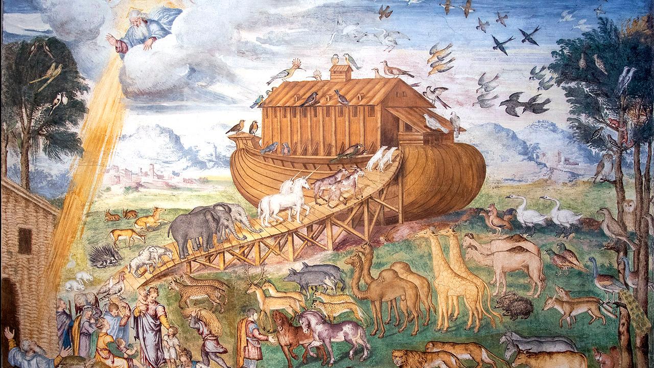 Arche Noah Gemälde, das die Arche Noah zeigt, in die paarweise viele Tiere hineingehen