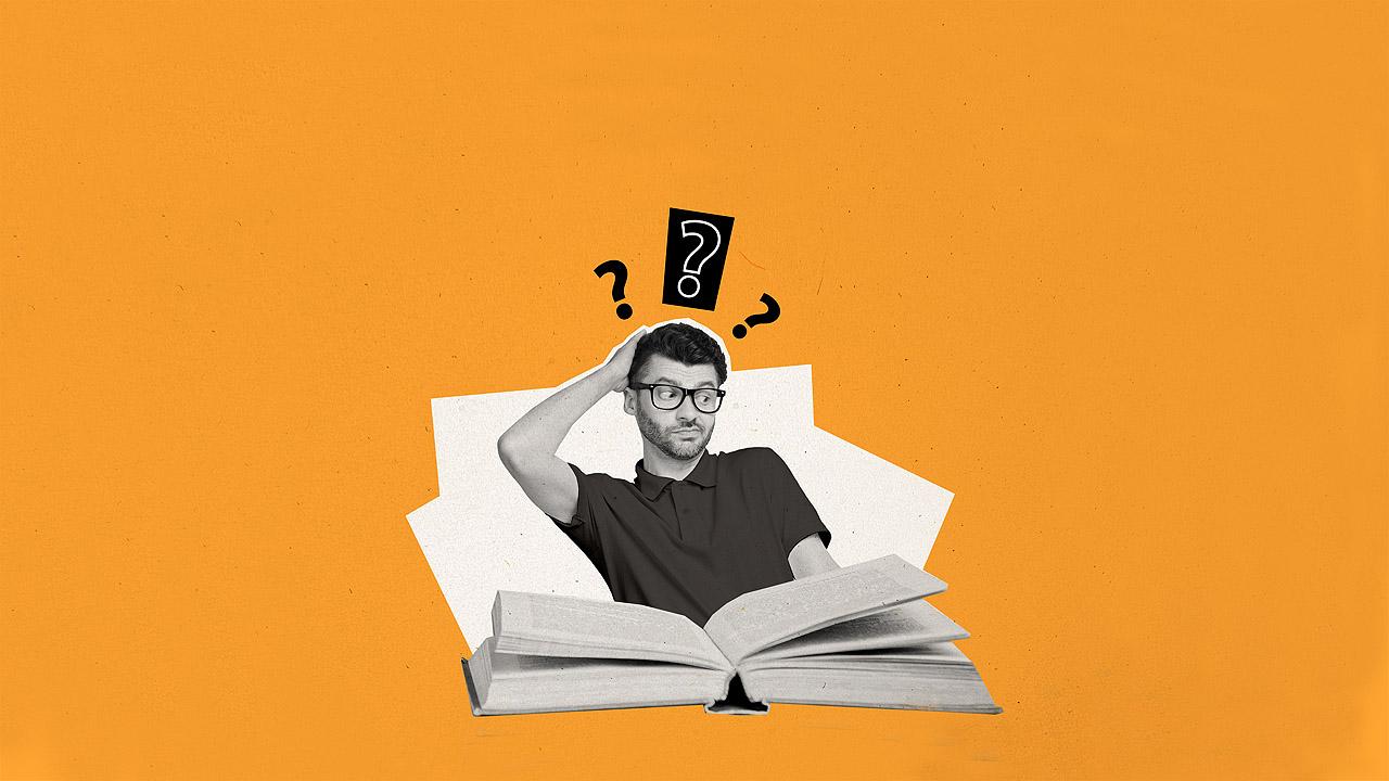 Ein zweifelnder Mann sitzt über einem dicken Buch