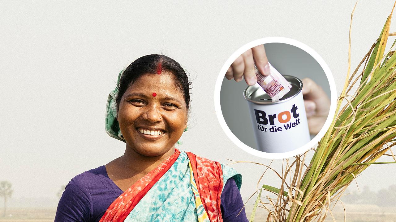 Brot für die Welt Eine Frau mit einem Punkt auf der Stirn hält einen Büschel mit Reisstrohhalmen in der Hand