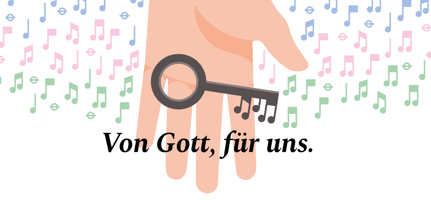 Die Grafik zeigt eine geöffnete Hand mit einem Schlüssel. Darunter der Text: Von Gott, von uns. Im Hintergrund Musiknoten in den Farben hellblau, rosa und hellgrün.