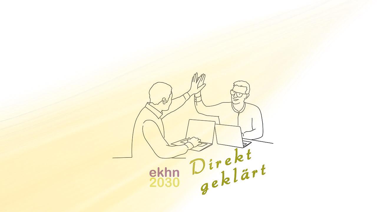 Linienzeichnung mit zwei Menschen am Laptop, die ihre Hände gegeneinander schlagen