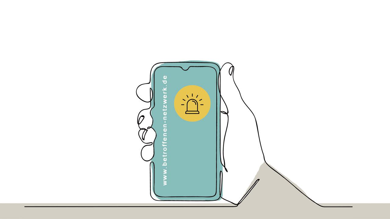 Ein gezeichnetes Smartphone mit der Webadresse www.betroffenen-netzwerk.de