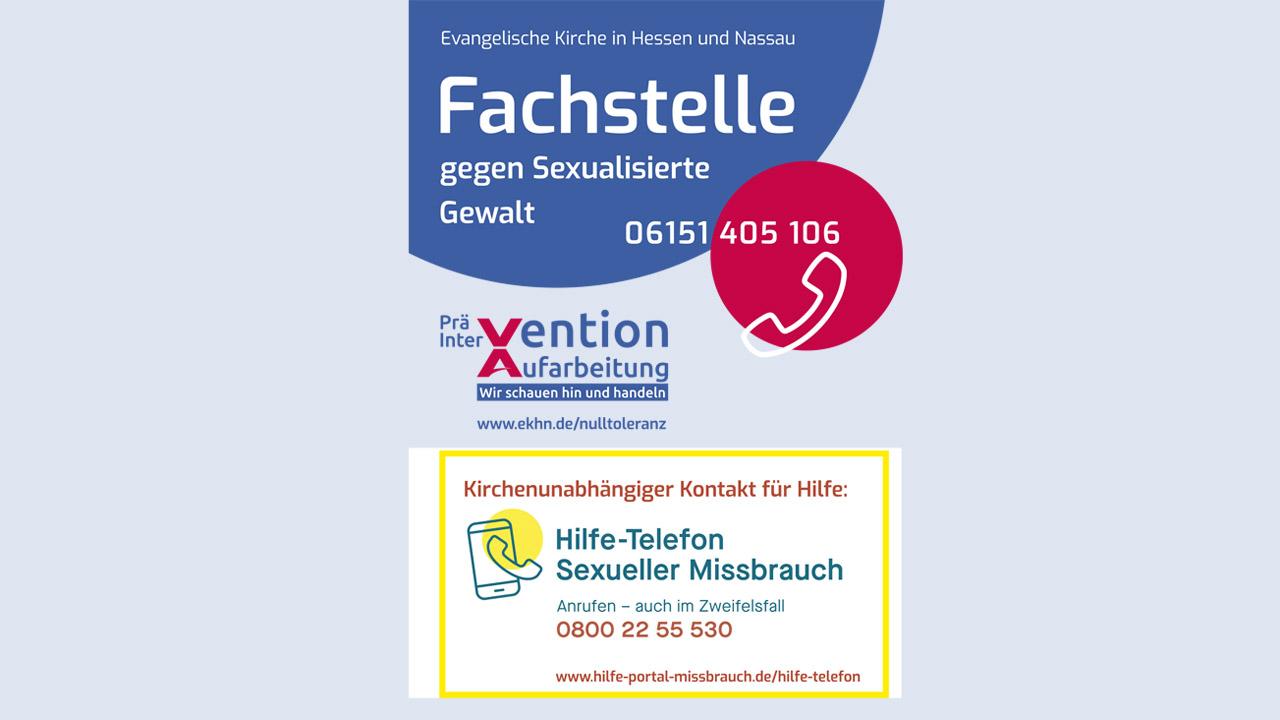Hotlines bei sexualisierter Gewalt Aushang mit Telefonnummern: 06151-405106 + 0800-2255530