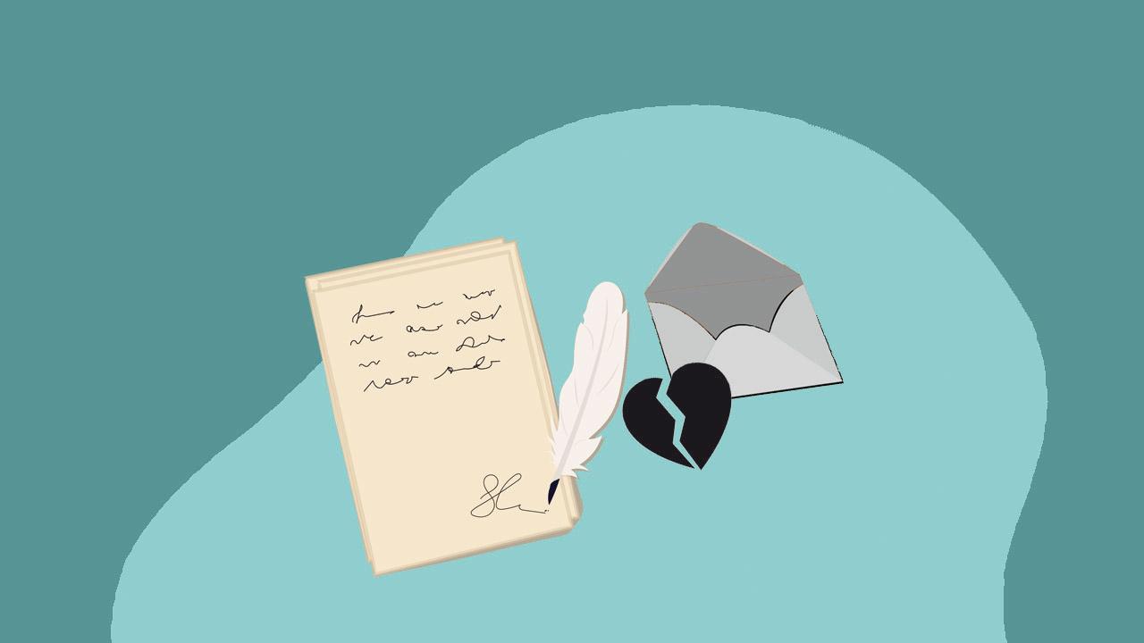 Grafik mit Briefumschlag, Briefbogen und Schreibfeder