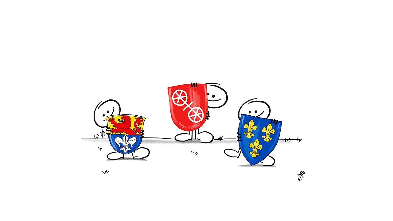 Drei Strichmännchen tragen die verschiedenen Stadtwappen von Mainz, Wiesbaden und Darmstadt