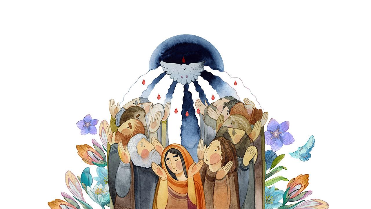 Über den Köpfen von Menschen schwebt ein Taubensymbol, das mit den Menschen durch Wolkenstreifen verbunden ist