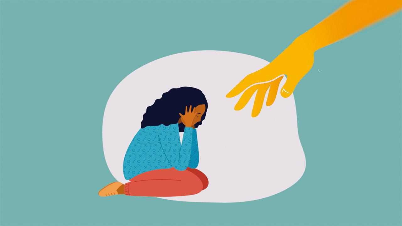 Grafik: Eine Frau kauert traurig am Boden, von oben rechts erscheint eine helfende Hand