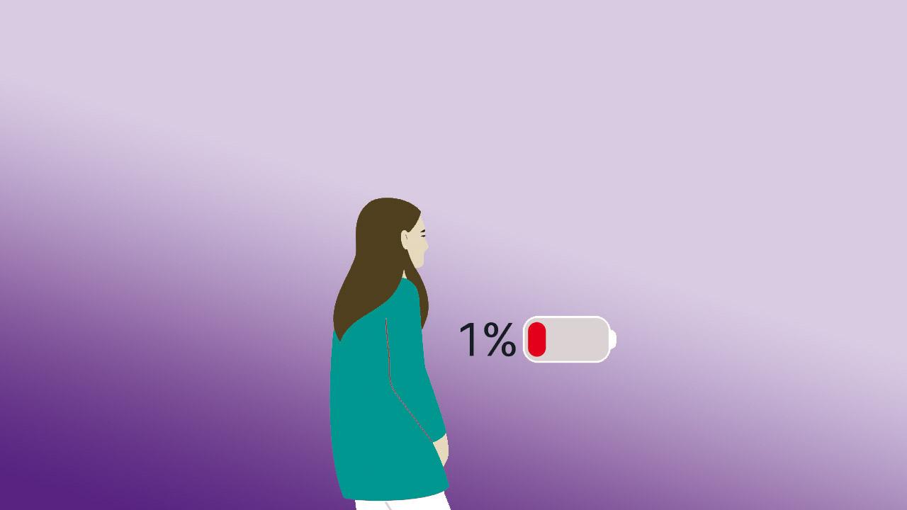 Grafik einer Frau, daneben ein fast leerer Akku