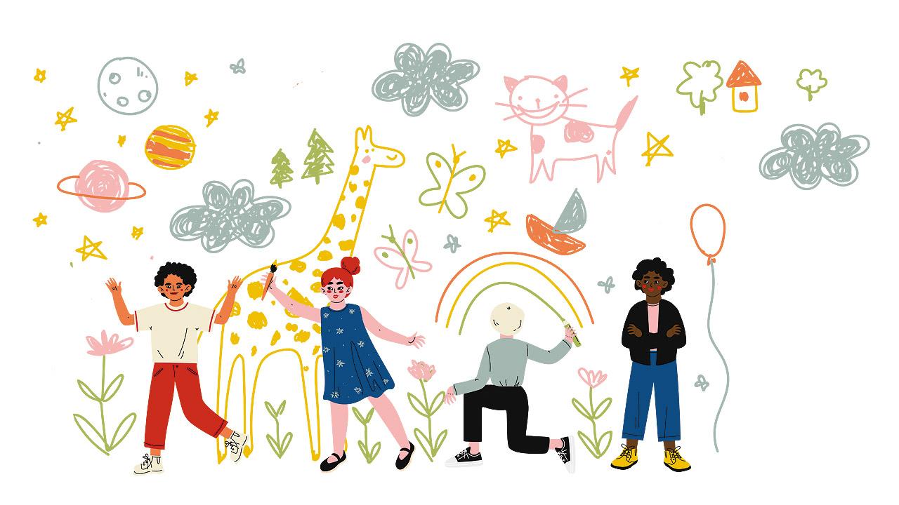 Buntes gezeichnetes Bild mit verschiedenen Kindern, Regenbogen, Schmetterlingen, etc