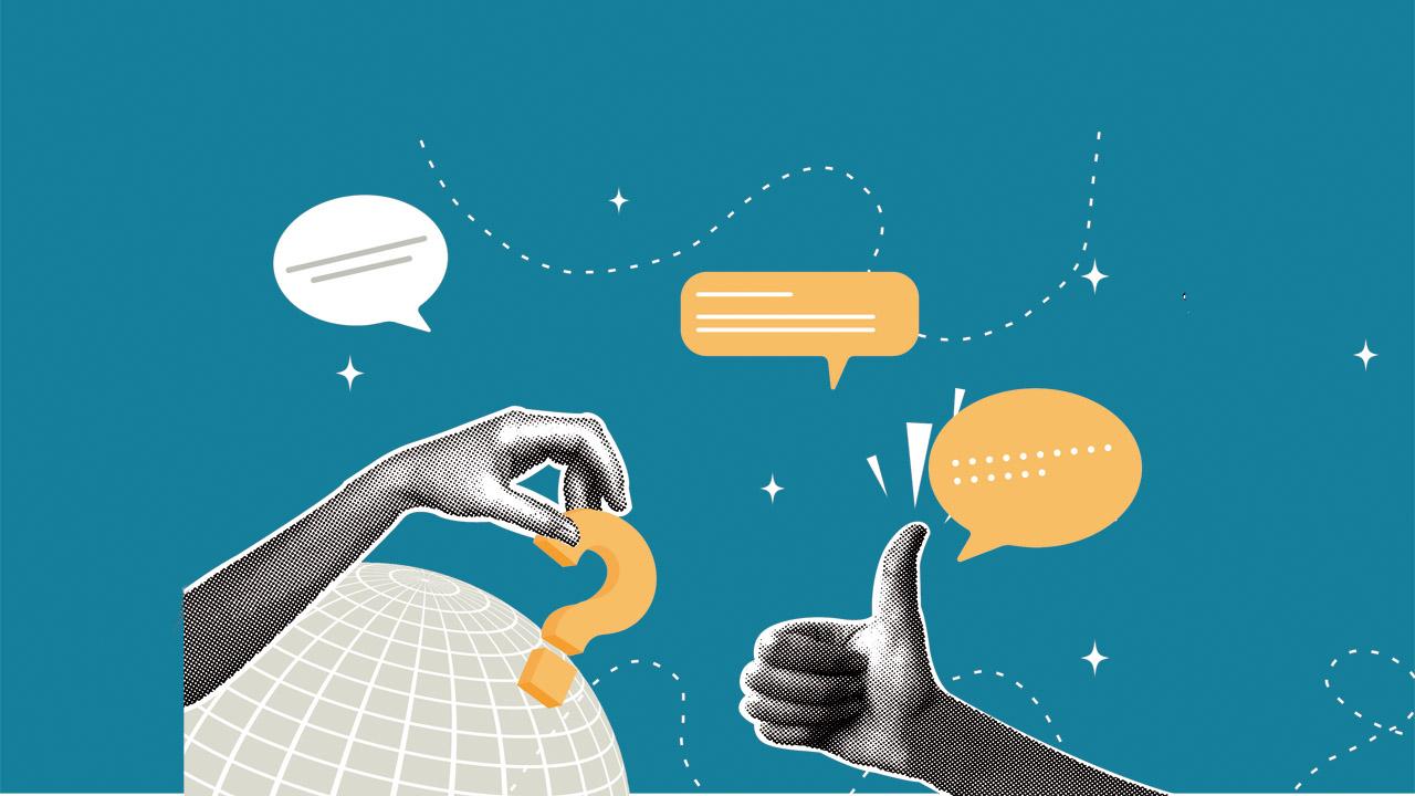 Grafik, die Diskussion symbolisiert mit stilisierter Weltkugel, Fragezeichen und Sprechblasen