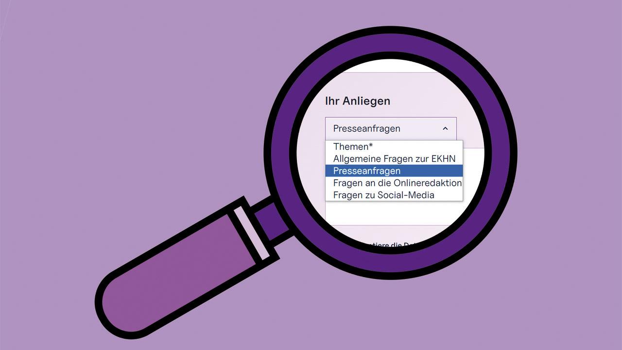 Anmeldung für den Presseverteiler Pulldown-Menü mit dem Punkt "Presseanfragen" hinter einer Lupe