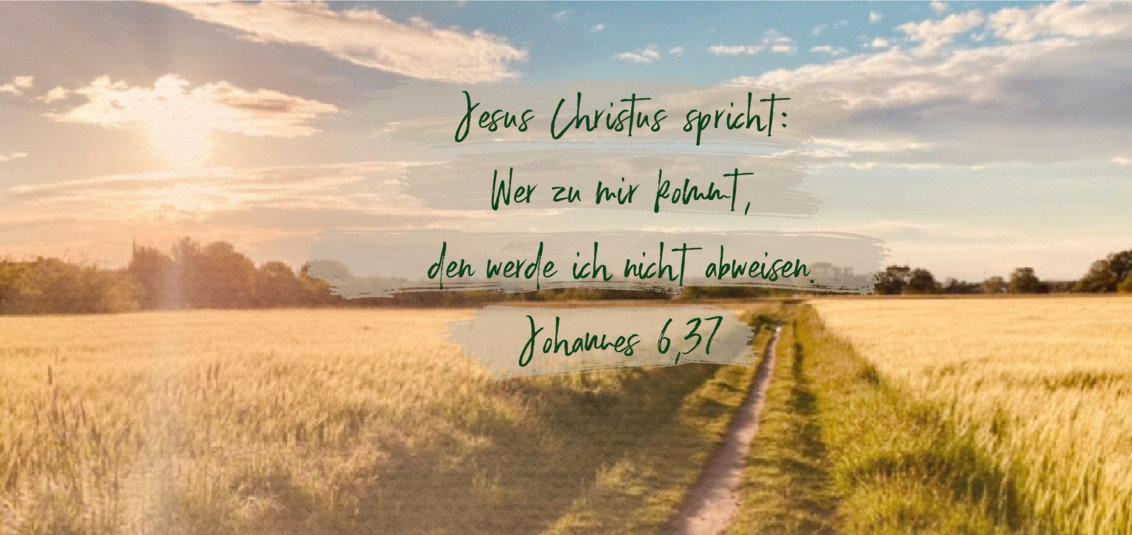 Mit dem Segen Hoffnung schenken - Jahreslosung 2022 Feldweg im Sonnenuntergang mit der Jahreslosung 2022 beschriftet. Johannes 6, 37